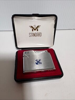 Vintage Brushed Silver Lighter with Navy Anchor Motif